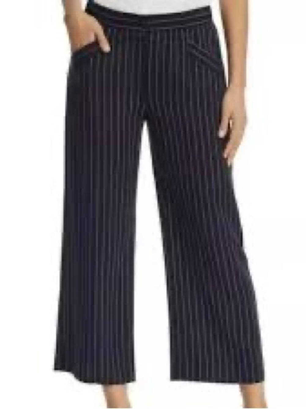 Eileen Fisher Navy Pinstripe Crop Elastic Waist Wide-Leg Pants S